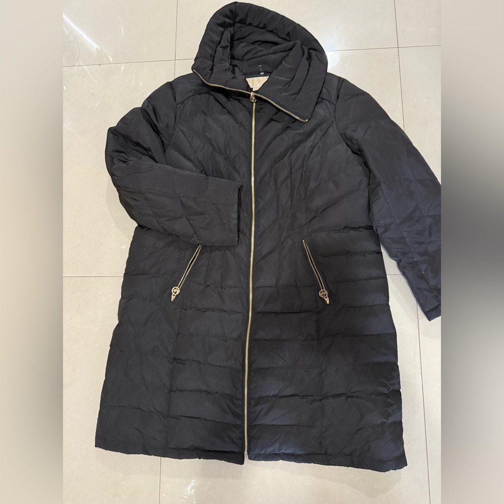 Michael Kors Black Quilted Long Puffer Coat with Gold Hardware